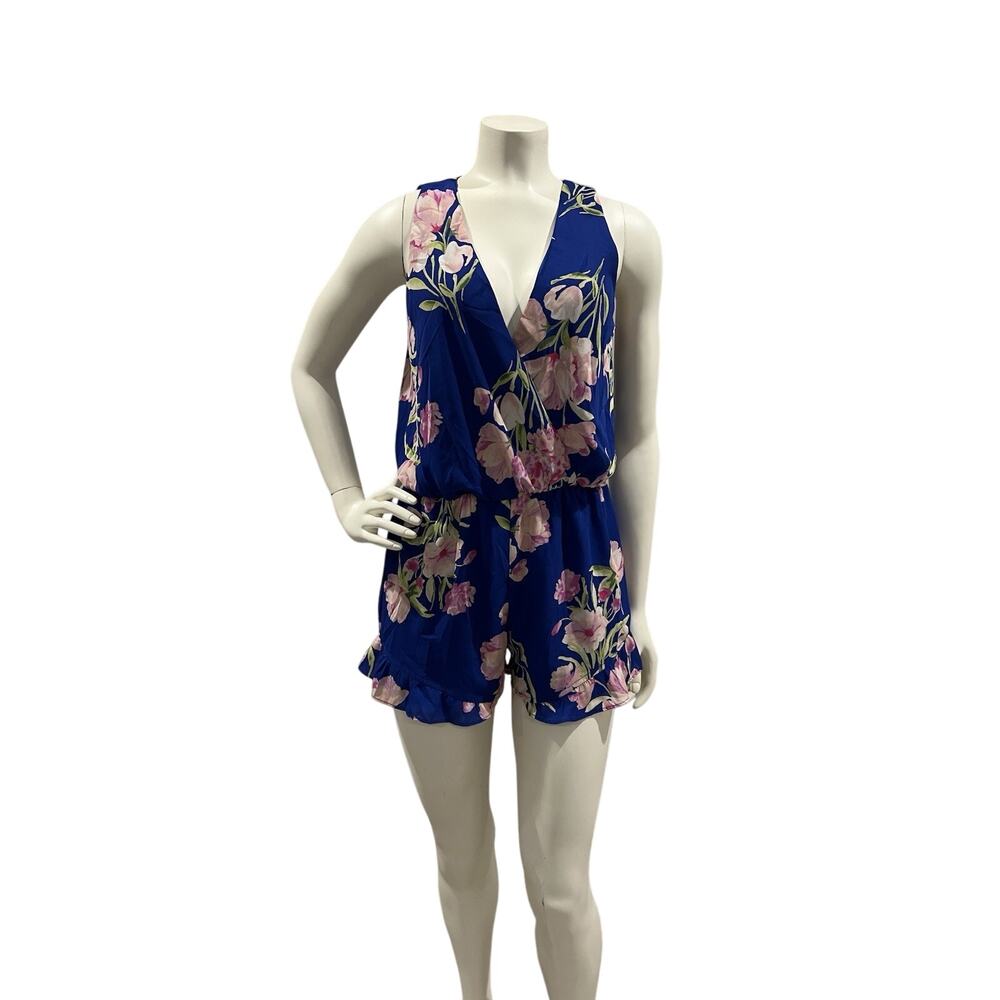 Everly Sleeveless Floral Romper Size Small Blue fully lined Ruffles